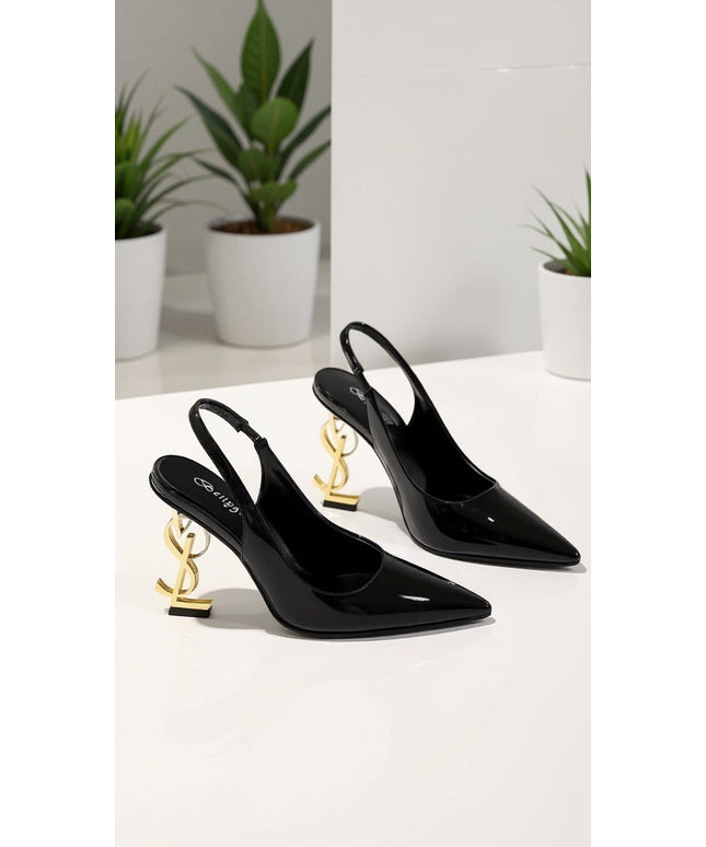 Black Patent Slingback Heels with Sculptural Gold Heel