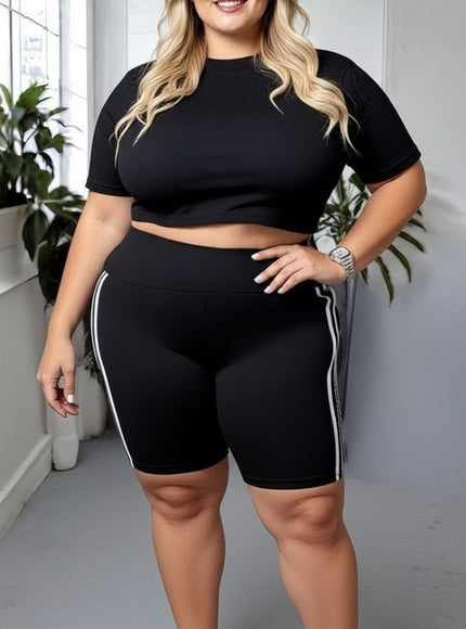 Classic Black High-Waisted Cycling Shorts with Side Stripes – Plus Size Active & Casual Essential