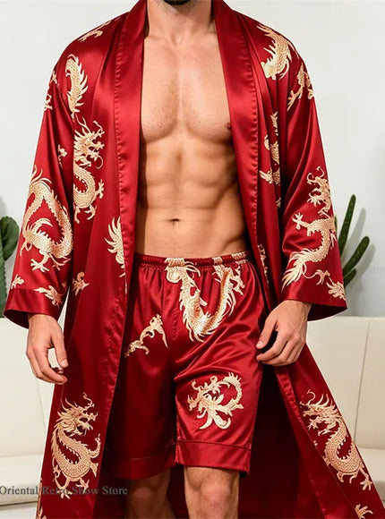 KissICON Robe Shorts Set 2 / 3XL Ice Silk Plus Size Mens Spring Summer Pajama Robe Set