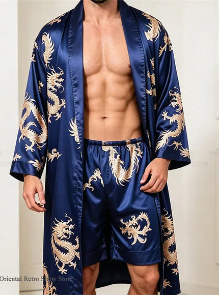 KissICON Robe Shorts Set 3 / M Ice Silk Plus Size Mens Spring Summer Pajama Robe Set