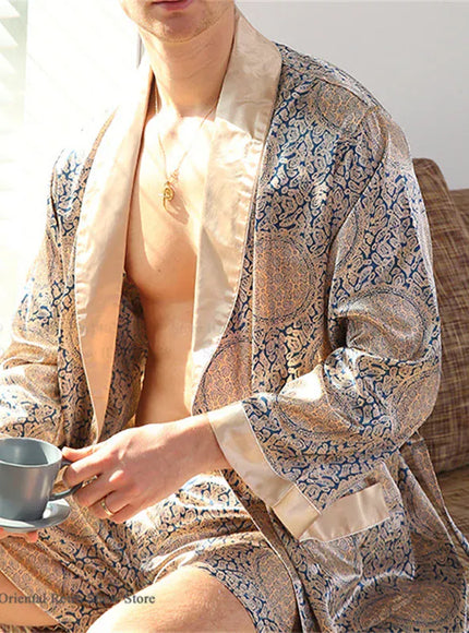 KissICON Robe Shorts Set 7 / 3XL Ice Silk Plus Size Mens Spring Summer Pajama Robe Set