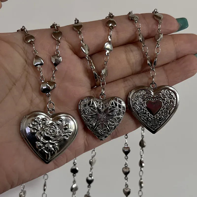 KissICON Romantic Heart Locket Pendant Openable Female Silver Color Stainless Steel Photo Frame Charm Necklace for Women Men Jewelry Gift