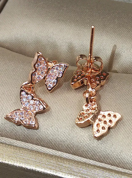 KissICON rose gold NEW 925 Silver Plated Shine Temperament Cute Butterfly Stud Earrings For Women Trendy Charming Anniversary Gift Jewelry