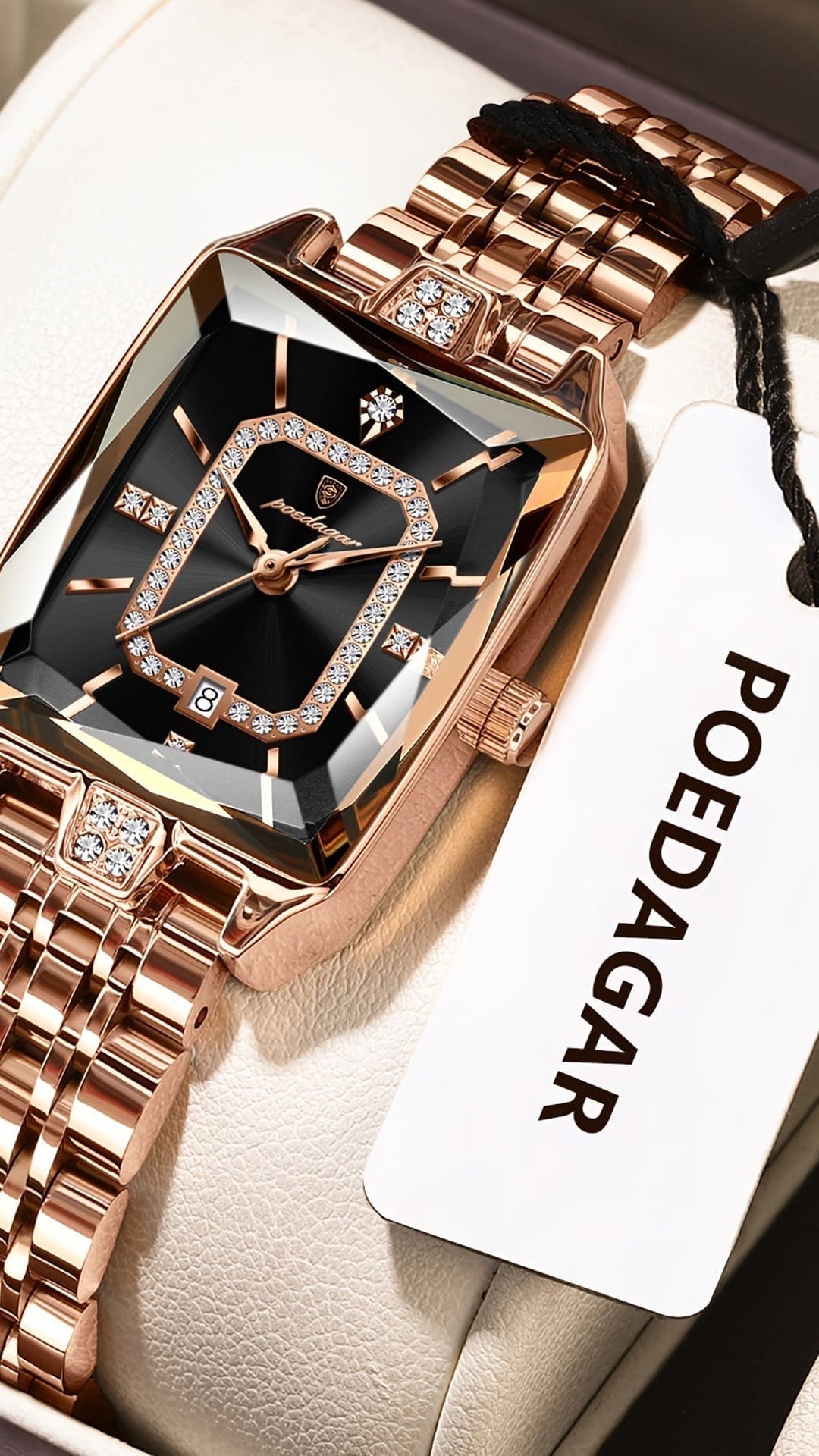 jkthpu-45 Rose Golden Black KissIcon Luxury Gold Hand Square Watch Chronograph