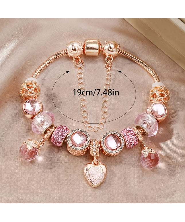 jkthpu-45 Rose Golden KissIcon Rose Petal Heart Bracelet Set - Double Rhinestones