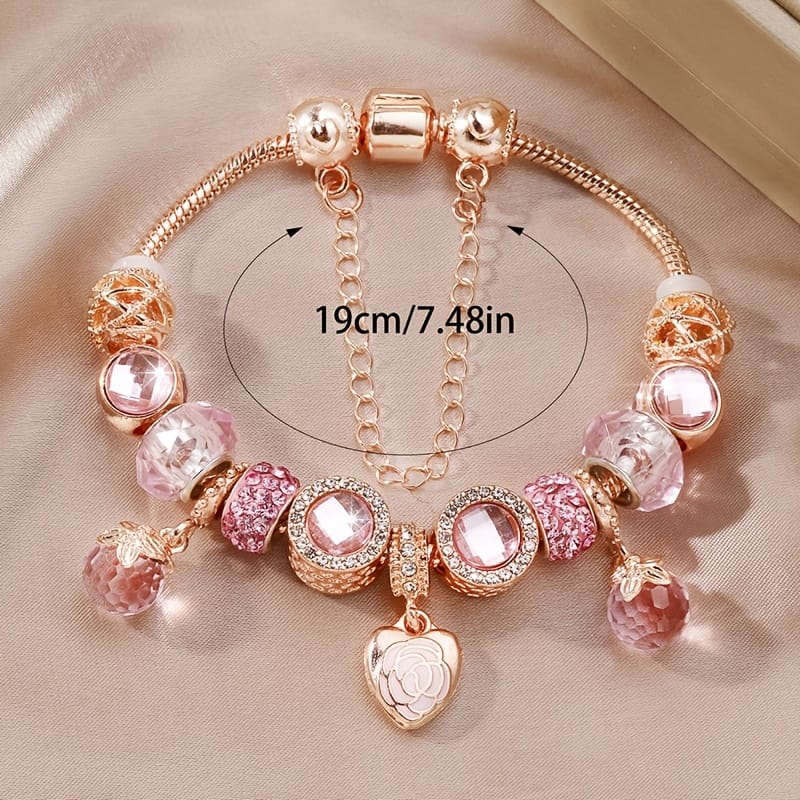 jkthpu-45 Rose Golden KissIcon Rose Petal Heart Bracelet Set - Double Rhinestones