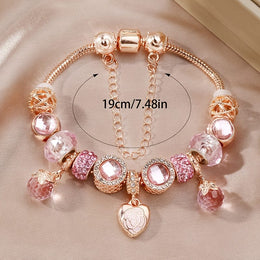 jkthpu-45 Rose Golden KissIcon Rose Petal Heart Bracelet Set - Double Rhinestones