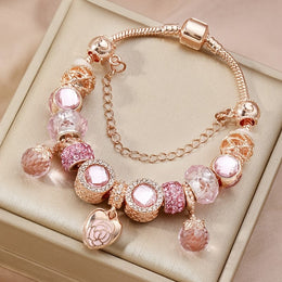 jkthpu-45 Rose Golden KissIcon Rose Petal Heart Bracelet Set - Double Rhinestones