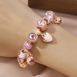 jkthpu-45 Rose Golden KissIcon Rose Petal Heart Bracelet Set - Double Rhinestones