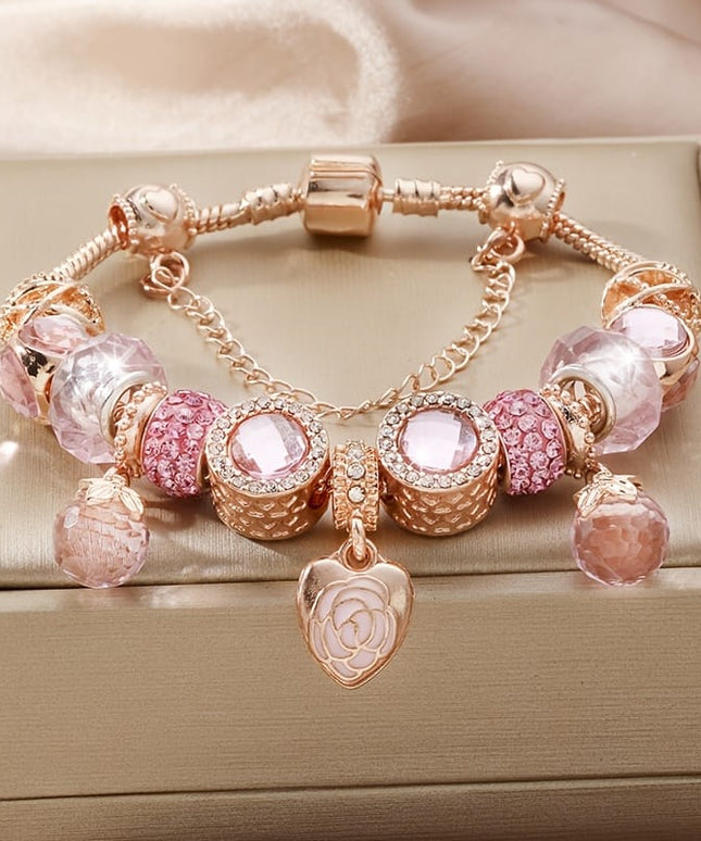 jkthpu-45 Rose Golden KissIcon Rose Petal Heart Bracelet Set - Double Rhinestones