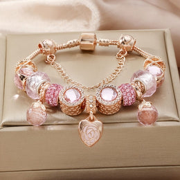 jkthpu-45 Rose Golden KissIcon Rose Petal Heart Bracelet Set - Double Rhinestones