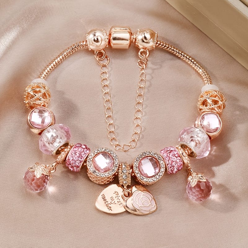 jkthpu-45 Rose Golden KissIcon Rose Petal Heart Bracelet Set - Double Rhinestones