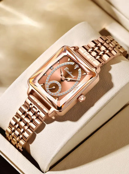 KissICON Rose Luxury Women Square Steel Quartz Wristwatch - Waterproof