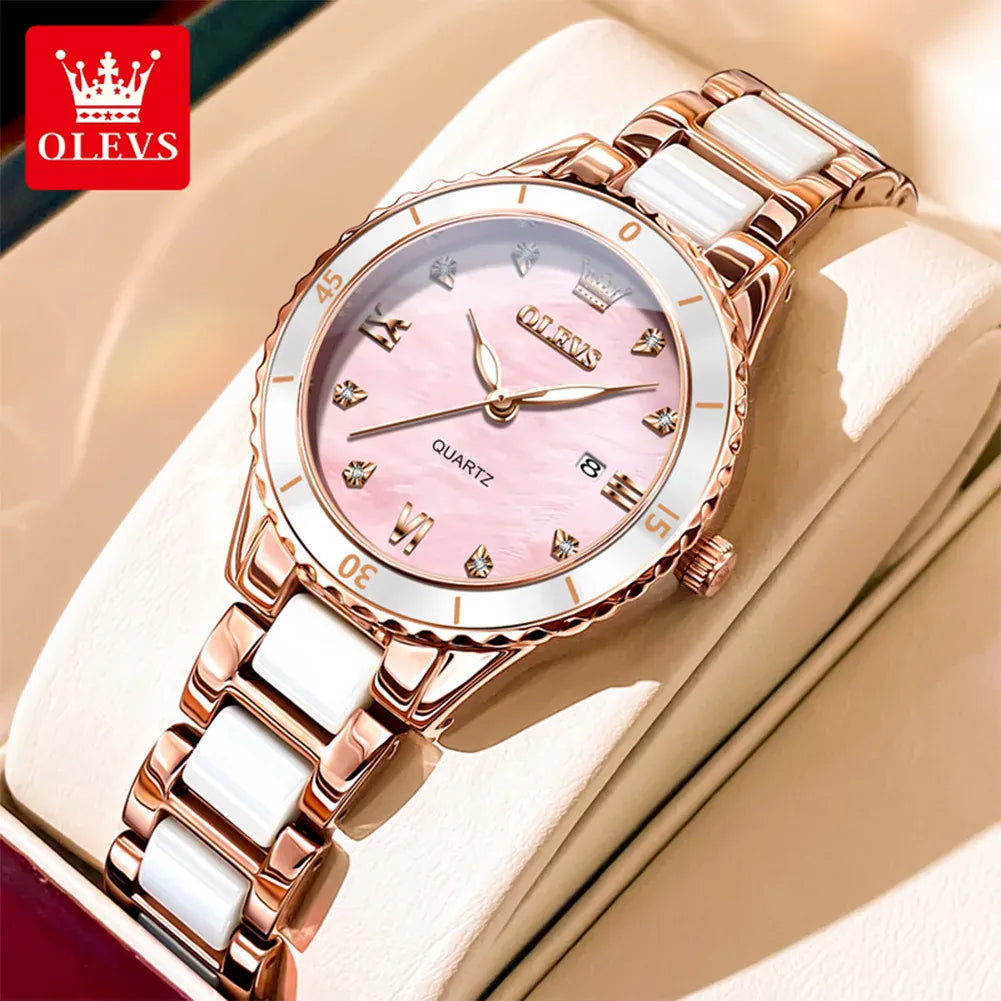 KissICON Rose Pink / China Mainland / Yes OLEVS Women Watch Diamond Roman Scale Waterproof Calendar Elegant Quartz Watches Ceramic Strap Luxury Original Girls Watch 9985