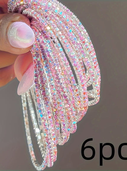 jkthpu-45 Rose Pink Sparkling Rhinestone Stretch Bracelet Set  6pc Bling