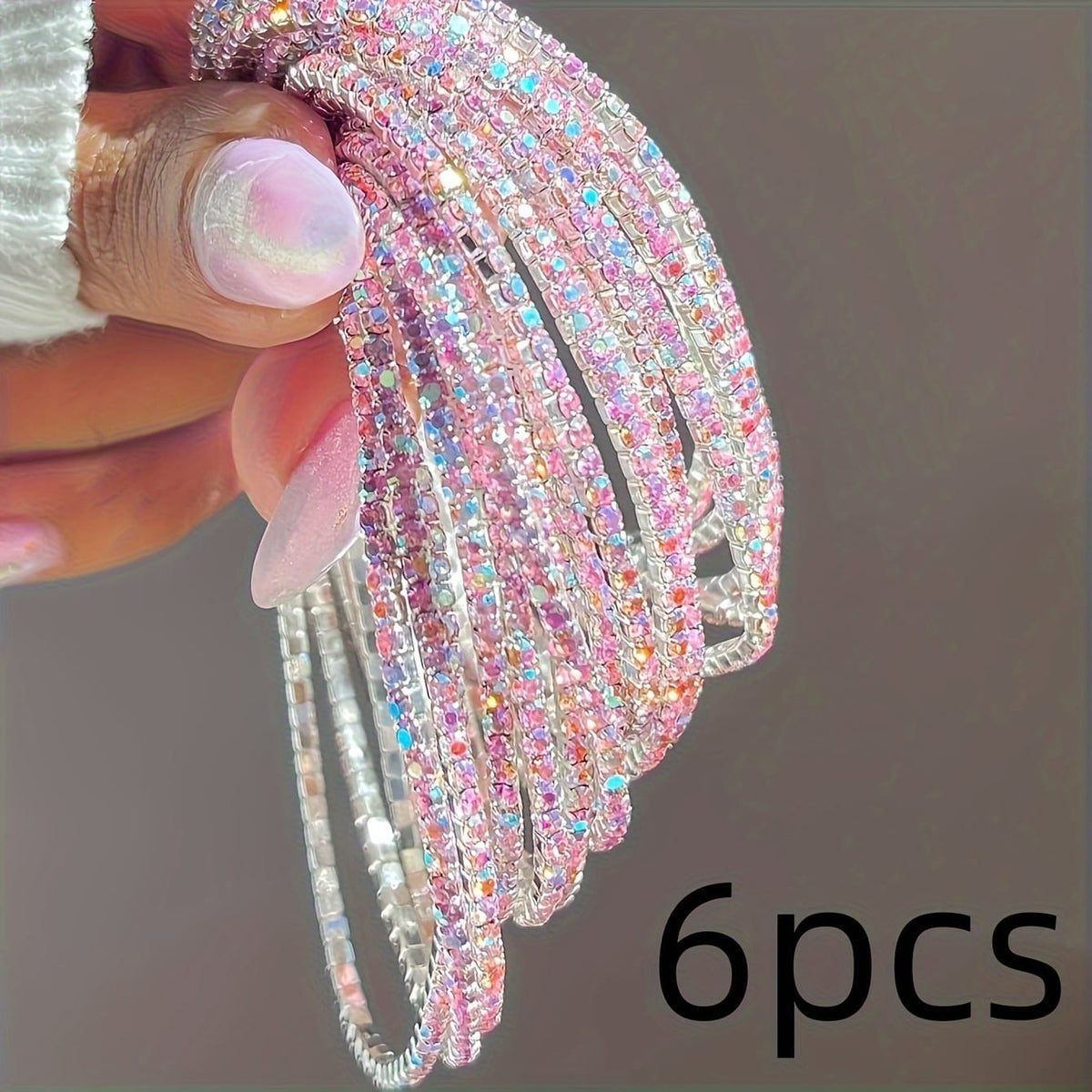 jkthpu-45 Rose Pink Sparkling Rhinestone Stretch Bracelet Set  6pc Bling
