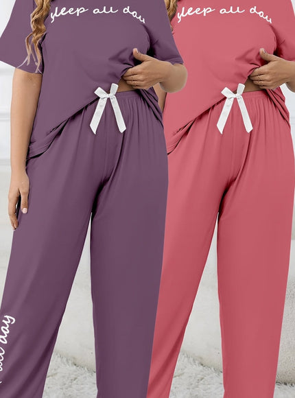 jkthpu-45 Rose+Purple / UK 18 Women'S Plus Size "Sleep All Day" Print Pajama