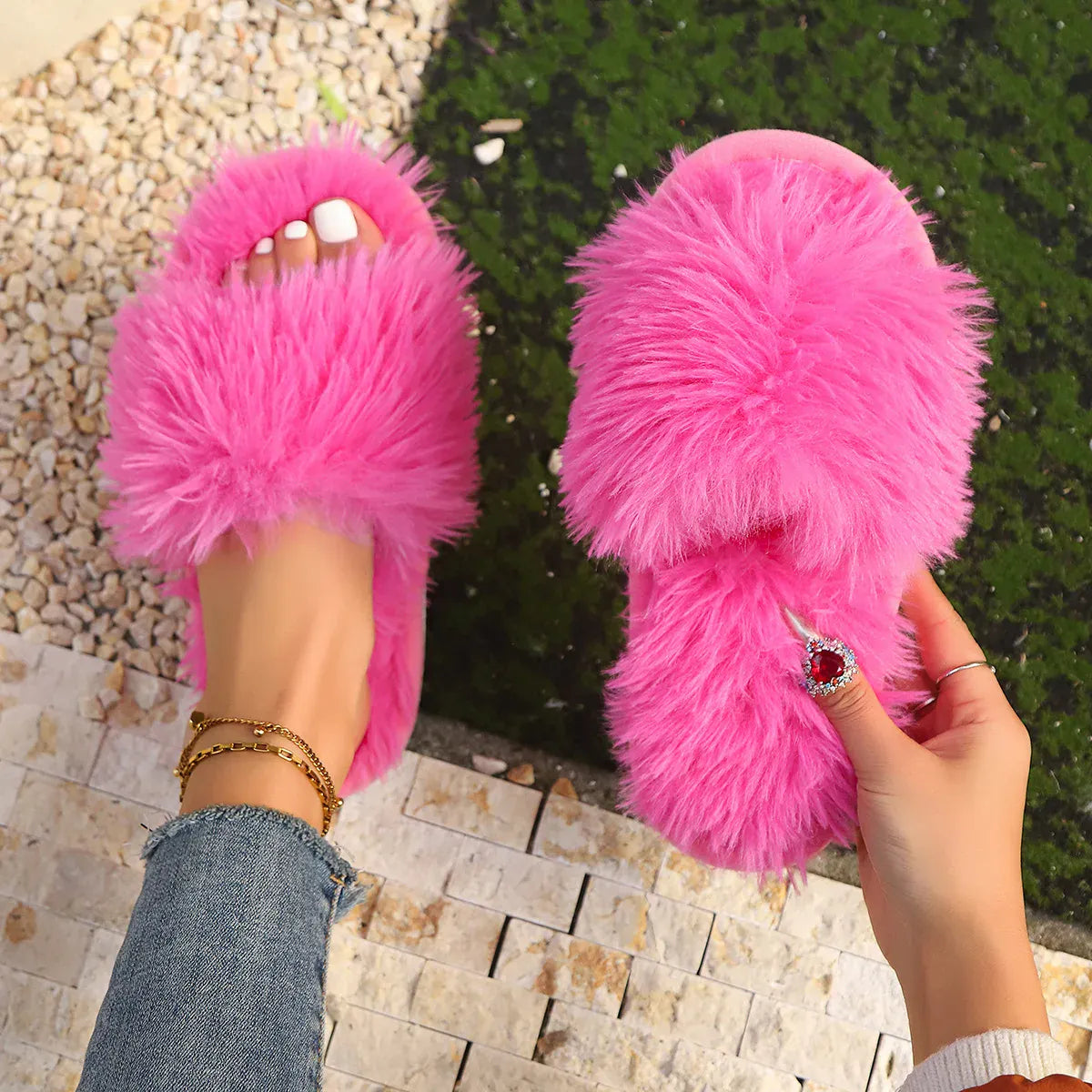 KissICON rose red / 40-41 Faux Fur Fluffy Slippers For Women Winter Warm