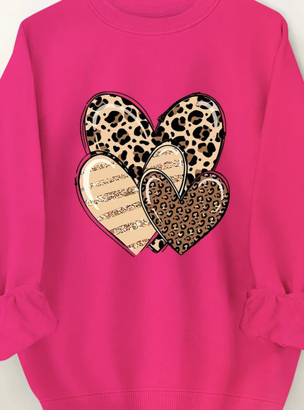 jkthpu-45 Rose Red / UK 16 Fashionable Round-Neck Sweatshirt with Leopard Print And Heart