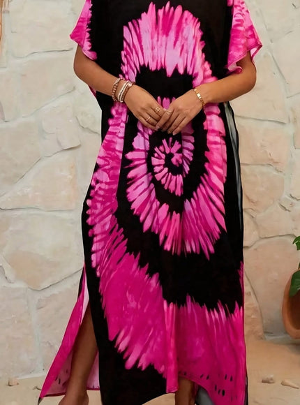 KissICON Rose Red / UK 18 Boho Curve Tiedye V-Neck Beach Maxi Coverup