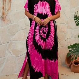 KissICON Rose Red / UK 18 Boho Curve Tiedye V-Neck Beach Maxi Coverup