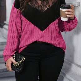 jkthpu-45 Rose Red / UK 18 Plus Size Elegant Color Block Lace Long Sleeve Top