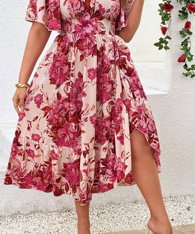 jkthpu-45 Dresses Rose Red / UK 18 Plus Size Floral Ruffle Sleeve Summer Dress