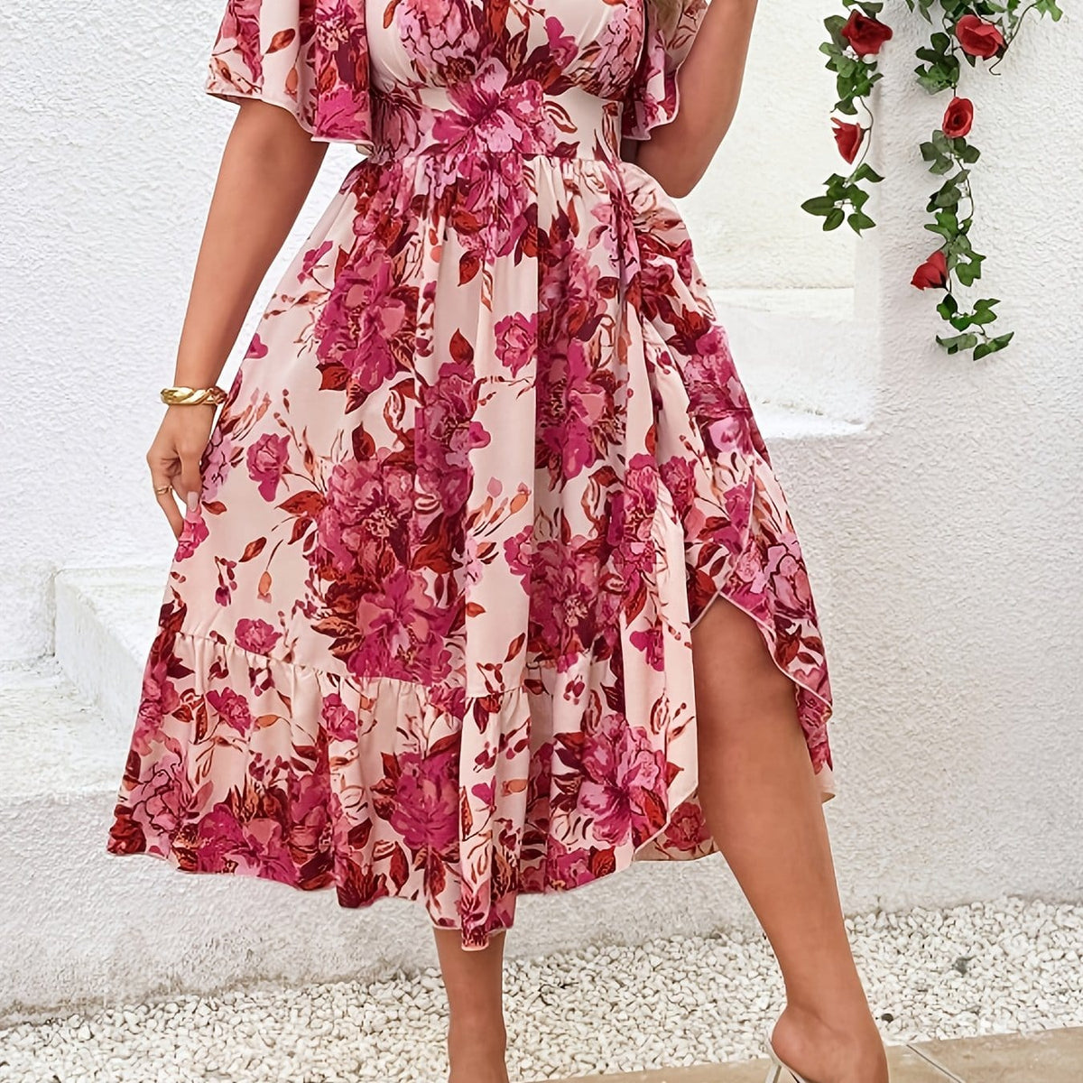 jkthpu-45 Dresses Rose Red / UK 18 Plus Size Floral Ruffle Sleeve Summer Dress