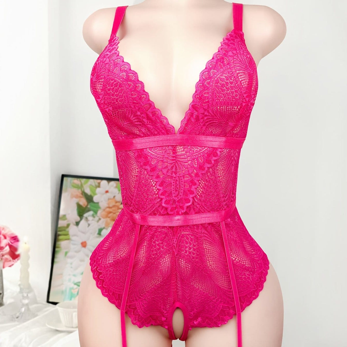 jkthpu-45 Rose Red / UK 18 Plus Size Sexy Lace-Trimmed Open-Front Bodysuit - Pink