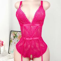 jkthpu-45 Rose Red / UK 18 Plus Size Sexy Lace-Trimmed Open-Front Bodysuit - Pink