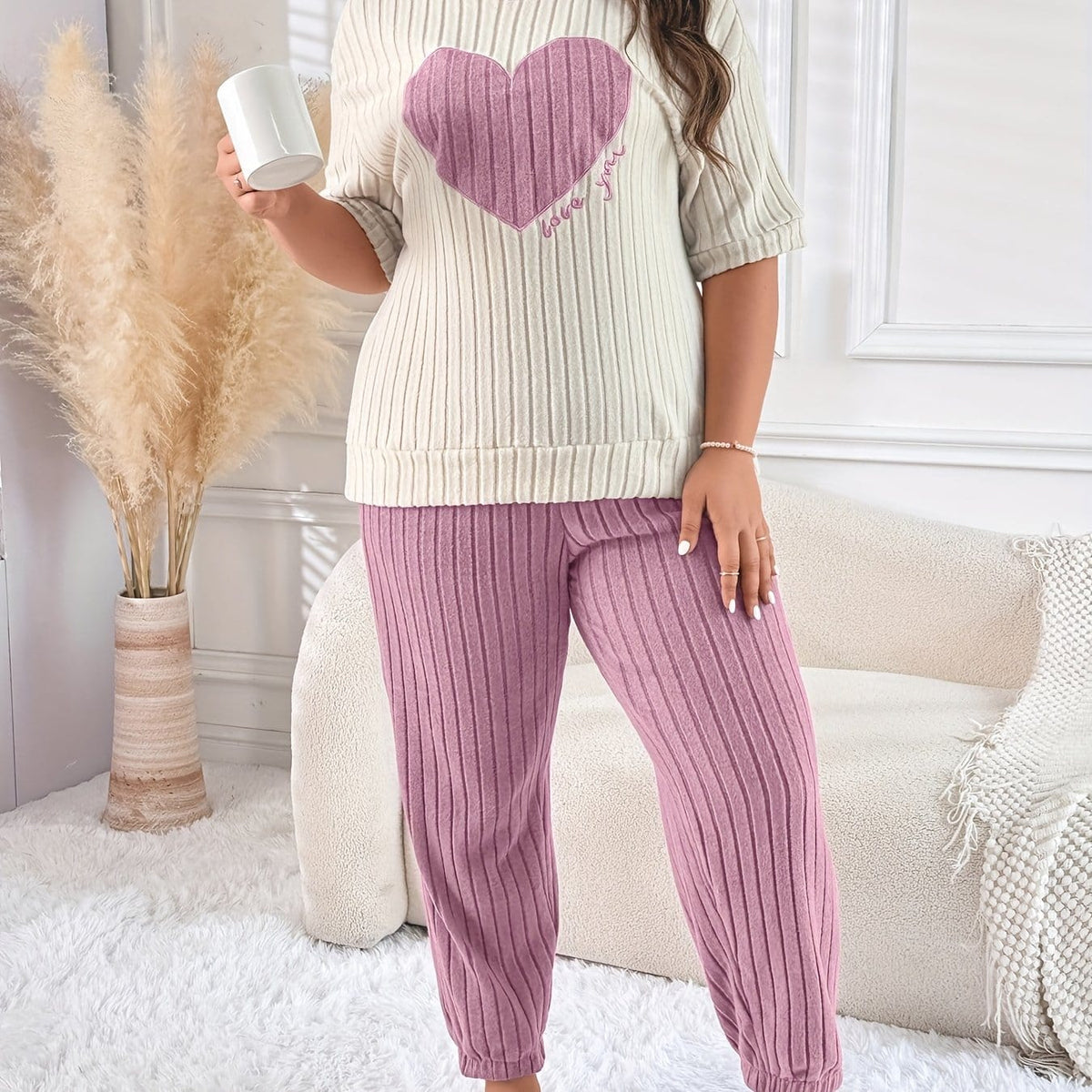 jkthpu-45 Rose Red / UK 18 PlusSize Heart Embroidered Striped Pajama Set