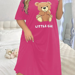 jkthpu-45 Rose Red / UK 18 Women's Plus Cute Sleep Dress, Plus Size Cartoon Bear & Letter Print Short Sleeve Crew Neck Nightdress