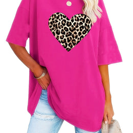 KissICON Rose Red / UK 18 Women's Valentine's Day Leopard Heart Print T-Shirt - Short Sleeve Crew Neck Casual Top, Vibrant Pink, Relaxed Fit, Machine Washable, Plus Size Friendly, All-Season Comfort, Valentine's Day T-shirts, Trendy Casualwear, Durabl