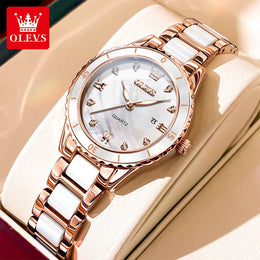 KissICON Rose White / China Mainland / Yes OLEVS Women Watch Diamond Roman Scale Waterproof Calendar Elegant Quartz Watches Ceramic Strap Luxury Original Girls Watch 9985