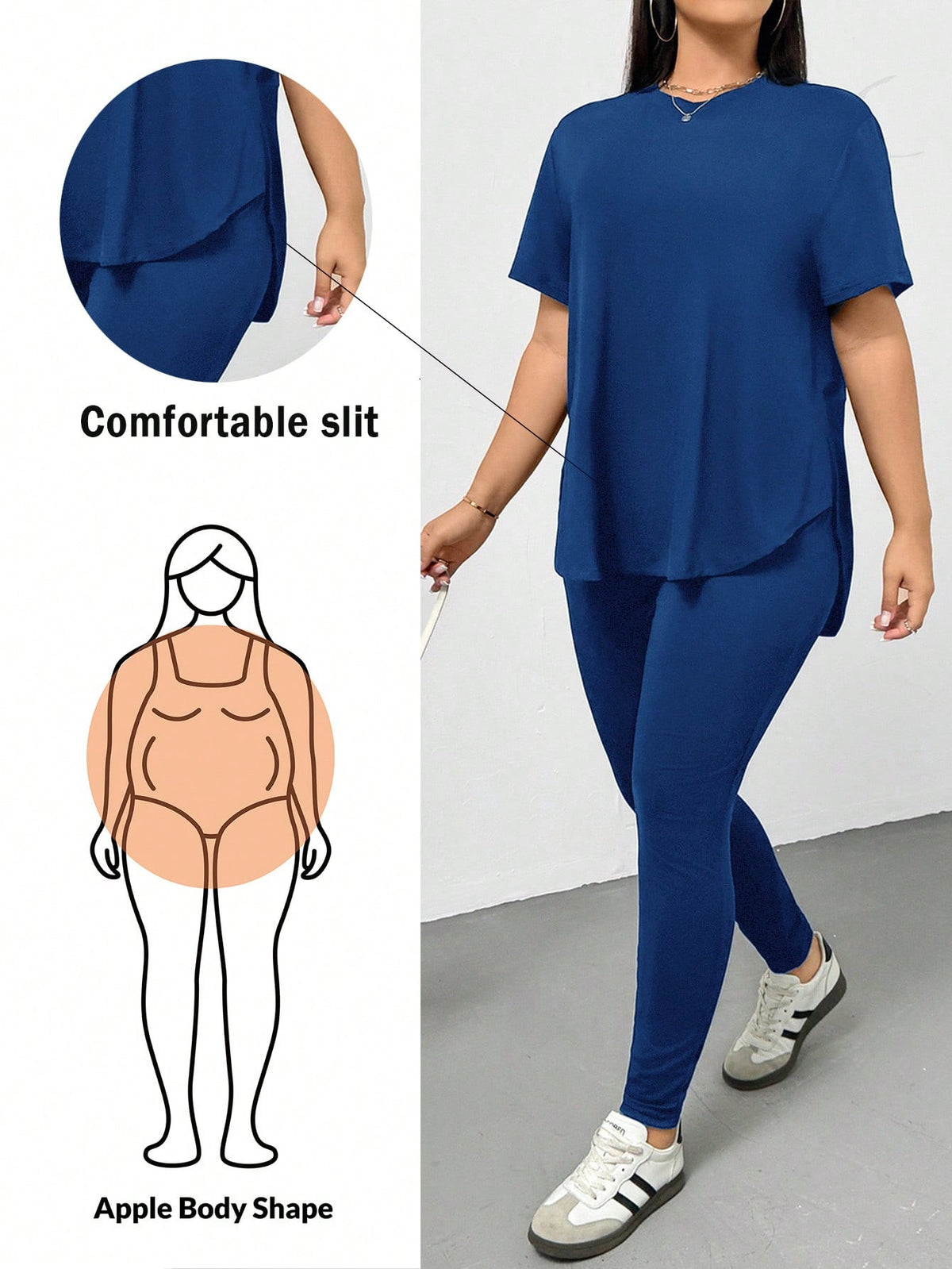 CURVE Royal Blue / 0XL Casual Sports Short-Sleeved T-Shirt And Leggings Two Pieces Set