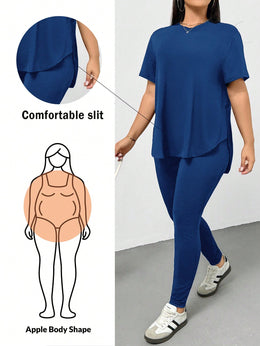 CURVE Royal Blue / 0XL Casual Sports Short-Sleeved T-Shirt And Leggings Two Pieces Set