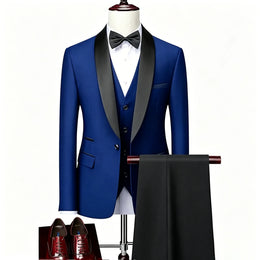 KissICON Royal Blue Black / L Mens Beige Tuxedo Suit Jacket Vest Pants Set
