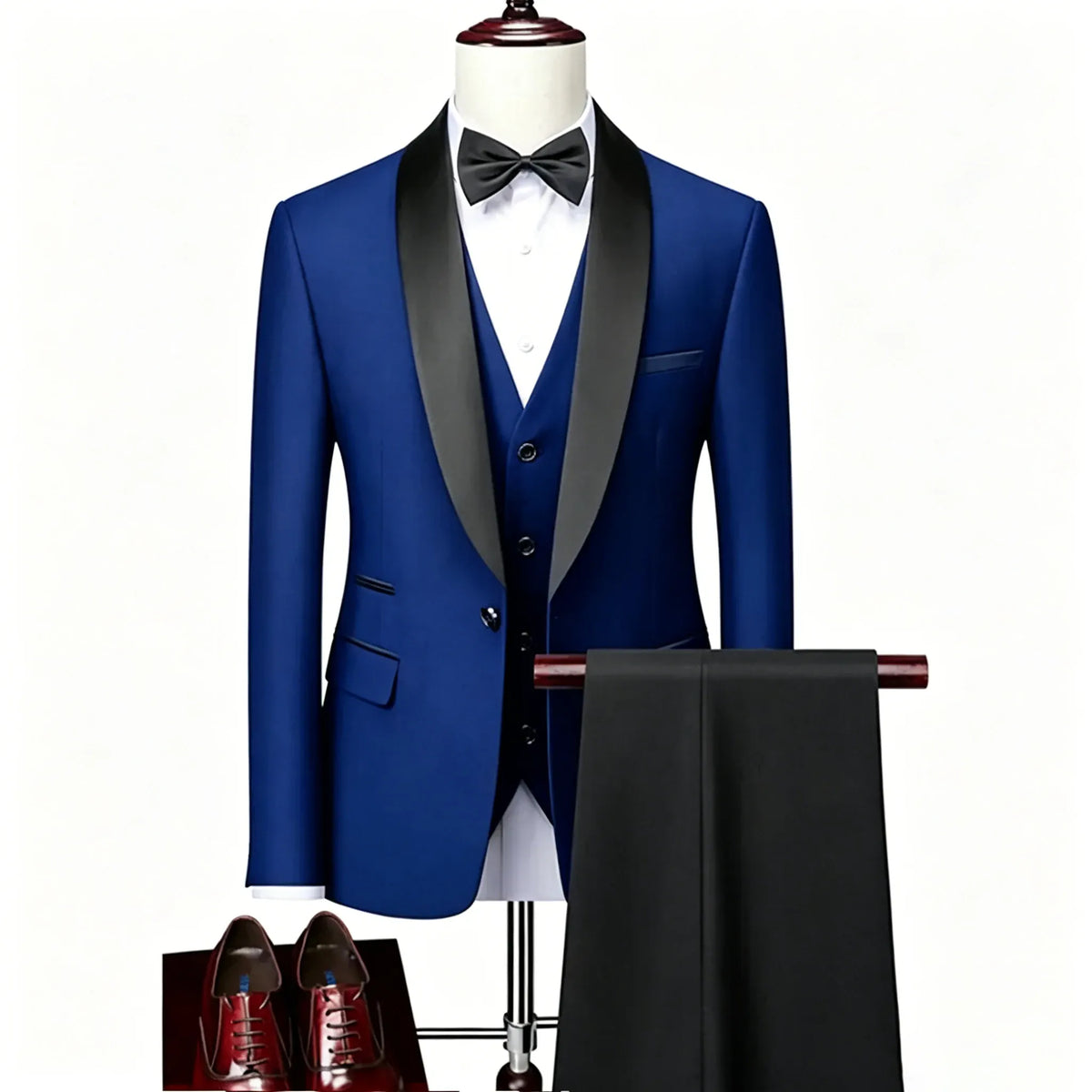 KissICON Royal Blue Black / S Mens Beige Tuxedo Suit Jacket Vest Pants Set