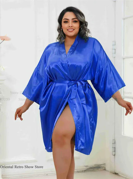 KissICON Royal Blue / One Size Plus Size Women Robe Half Sleeve Bathrobe Kimono