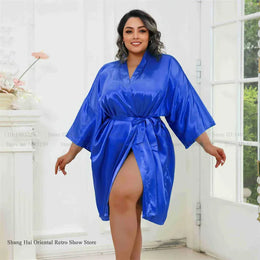 KissICON Royal Blue / One Size Plus Size Women Robe Half Sleeve Bathrobe Kimono