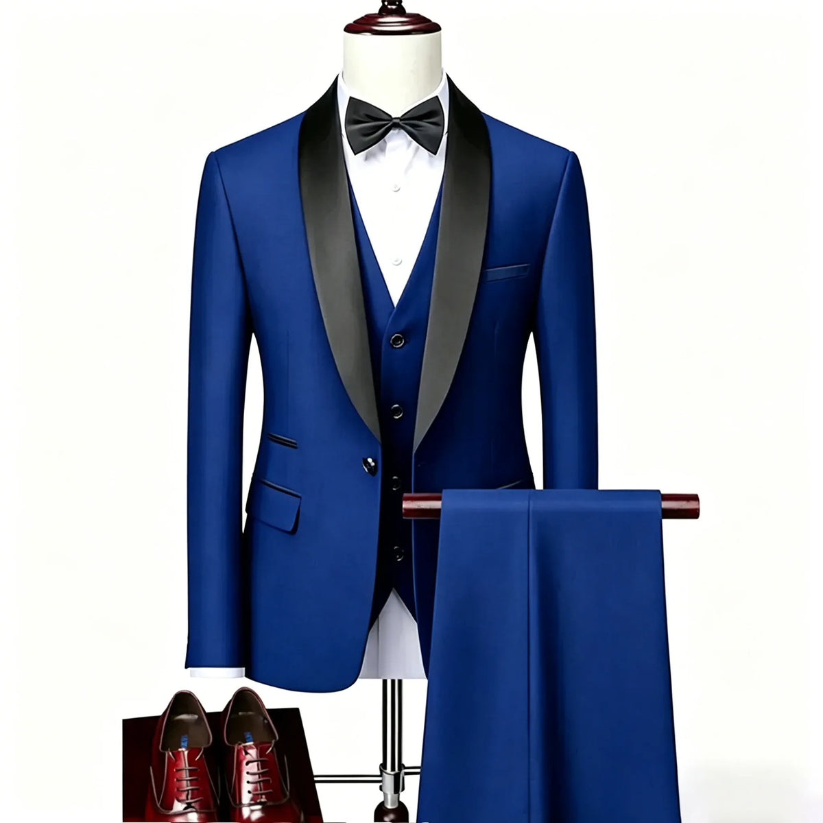 KissICON Royal Blue / S Mens Beige Tuxedo Suit Jacket Vest Pants Set