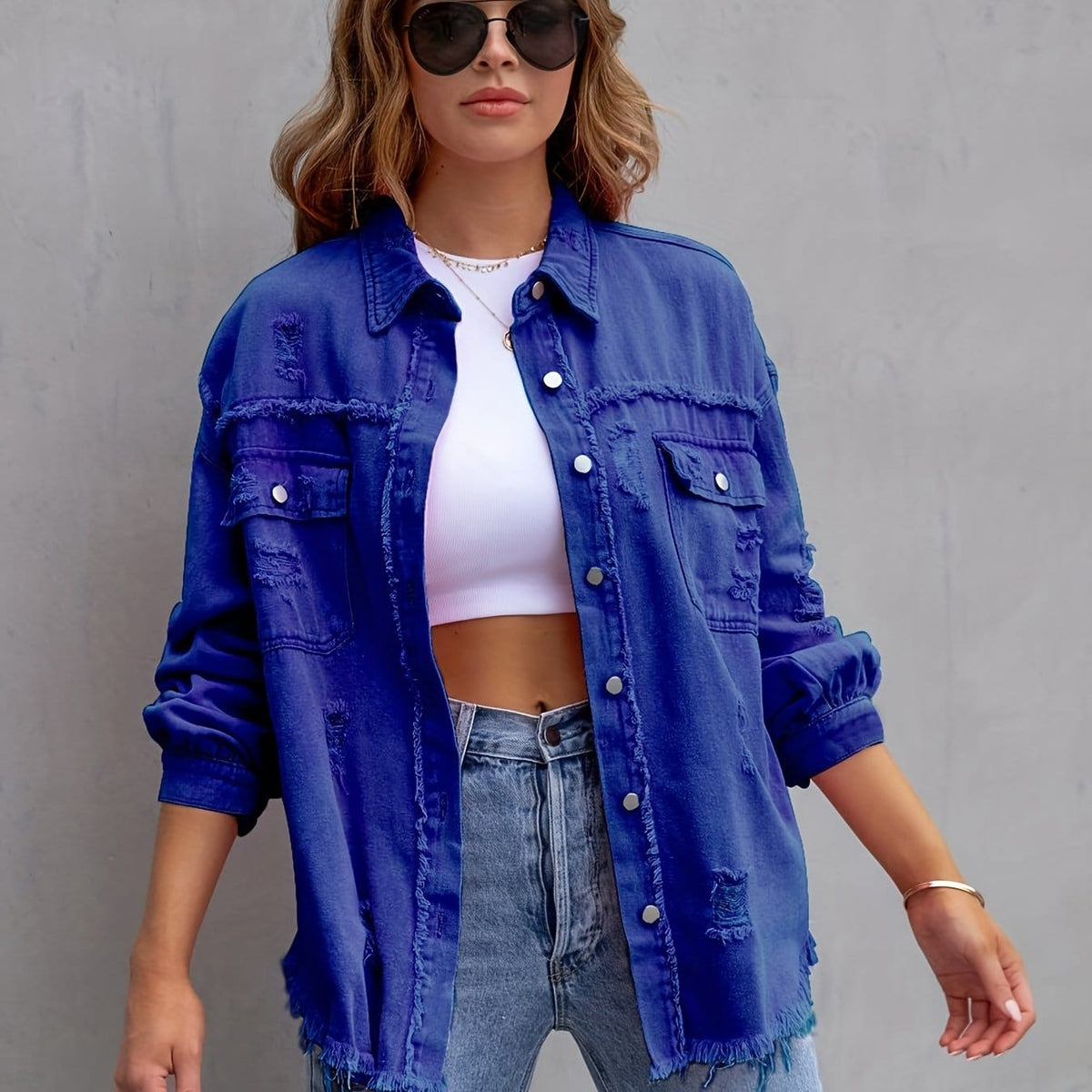 jkthpu-45 Royal Blue / UK 16 Chic PlusSize Distressed Denim Jacket Effortless Style