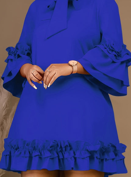 jkthpu-45 Royal Blue / UK 16 Plus Size Tie Neck Tunic Dress - 3/4 Sleeve, Ruffle Trim, Slight Stretch, Solid Color, Polyester, Perfect for Wedding, Graduation, Engagement, Party, Holiday, Vacation, Birthday Celebrations