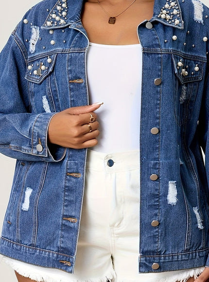jkthpu-45 Royal Blue / UK 18 Chic PlusSize Pearl Distressed Denim Jacket
