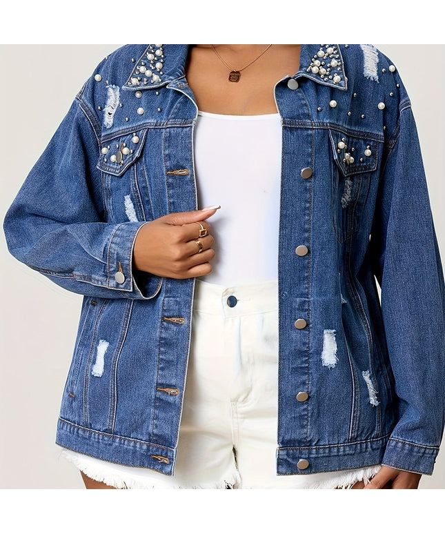 jkthpu-45 Royal Blue / UK 18 Chic PlusSize Pearl Distressed Denim Jacket