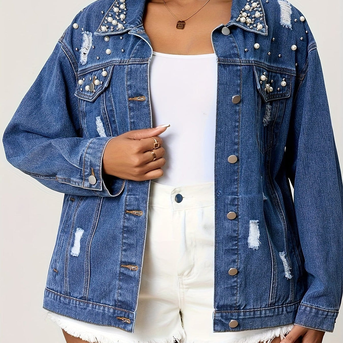 jkthpu-45 Royal Blue / UK 18 Chic PlusSize Pearl Distressed Denim Jacket