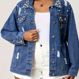 jkthpu-45 Royal Blue / UK 18 Chic PlusSize Pearl Distressed Denim Jacket
