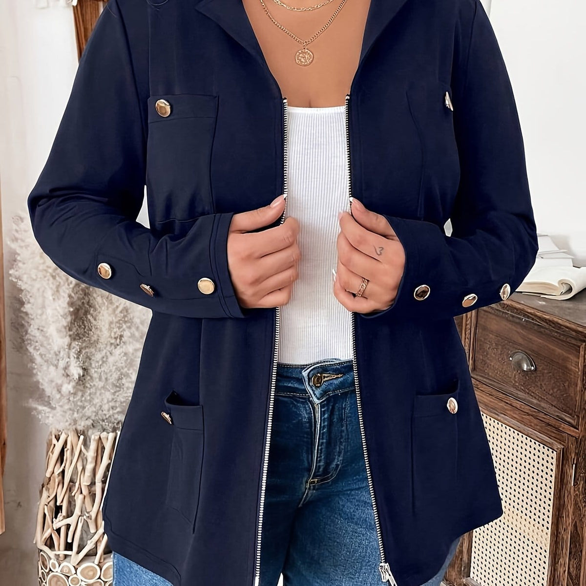 KissICON Royal Blue / UK 18 Elegant Curve Zipup Jacket – Flared Hem Versatility