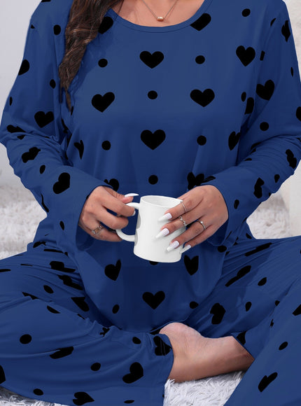jkthpu-45 Royal Blue / UK 18 Plus Size Cozy Heart Print Pajama Set -