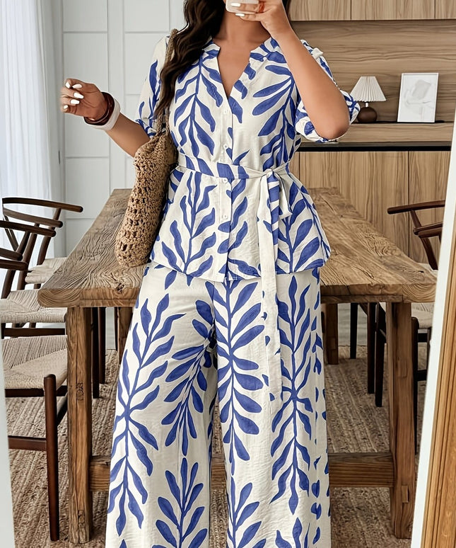 jkthpu-45 outfit set Royal Blue / UK 18 Plus Size Leaf Print Vacation 2pc Set